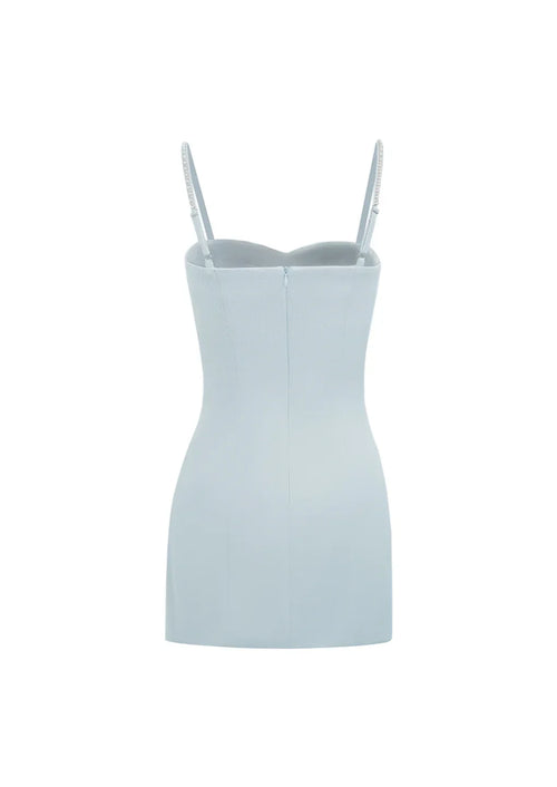 Back view product shot of the tailored light blue mini dress, available with complimentary custom sizing for a perfect fit.