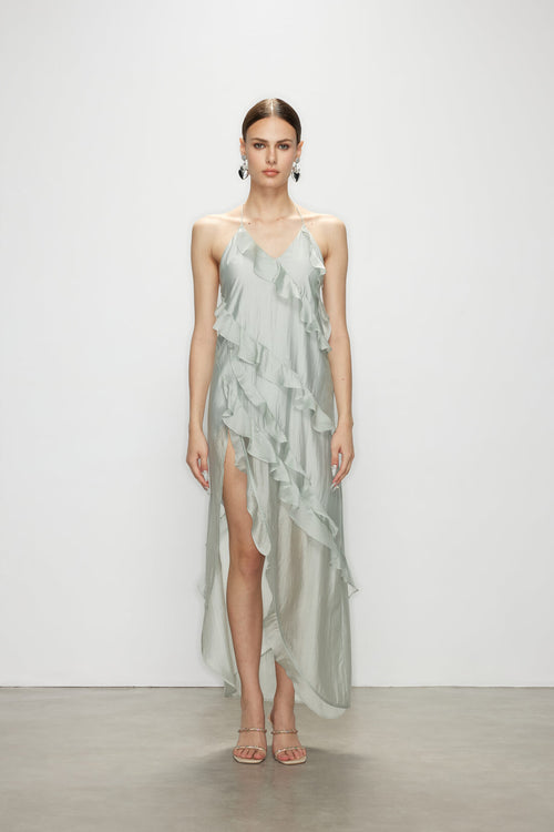 Light Blue Ruffle Dress | High Slit Maxi Dress - Wavekiss | Artel Retro Light Blue Ruffle Dress | High Slit Maxi Dress - Wavekiss | Artel Retro