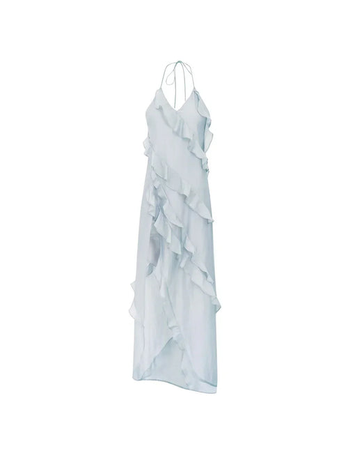 Front product view of the Wavekiss ruffle blue dress, showcasing the expertly tailored sleeveless bodice and layered textures.