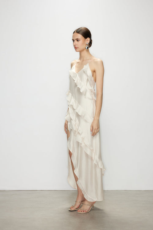 halter neck ruffle dress Margot Strappy Trim Asymmetric Hem Pleated Maxi Dre See a short print halter casual dress with ruffles that is as cute as can be. Luna | Halter Neck Maxi