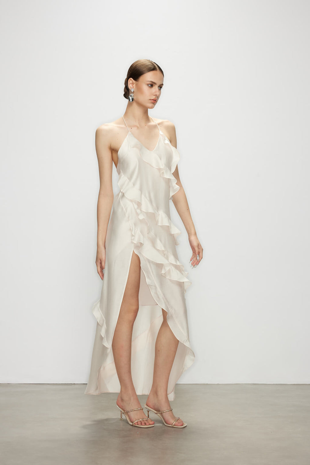 White Halter Neck Ruffle Maxi Dress - Wavekiss